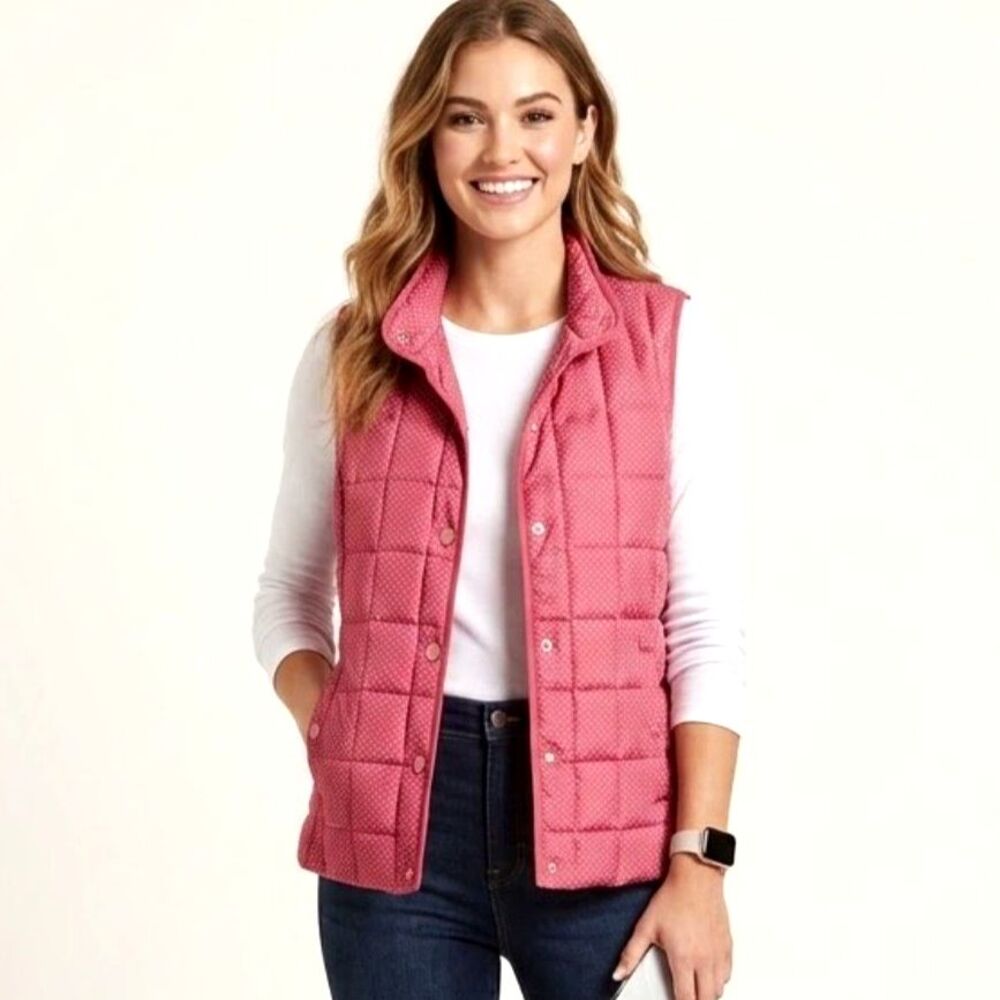 Croft & Barrow Vibrant Coral Polka Dot Quilted Snap-Front Puffer Vest SZ S